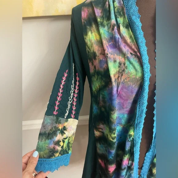 New nwt rising international tie dye embroidered Boho cardigan sz L $48 - Picture 3 of 6